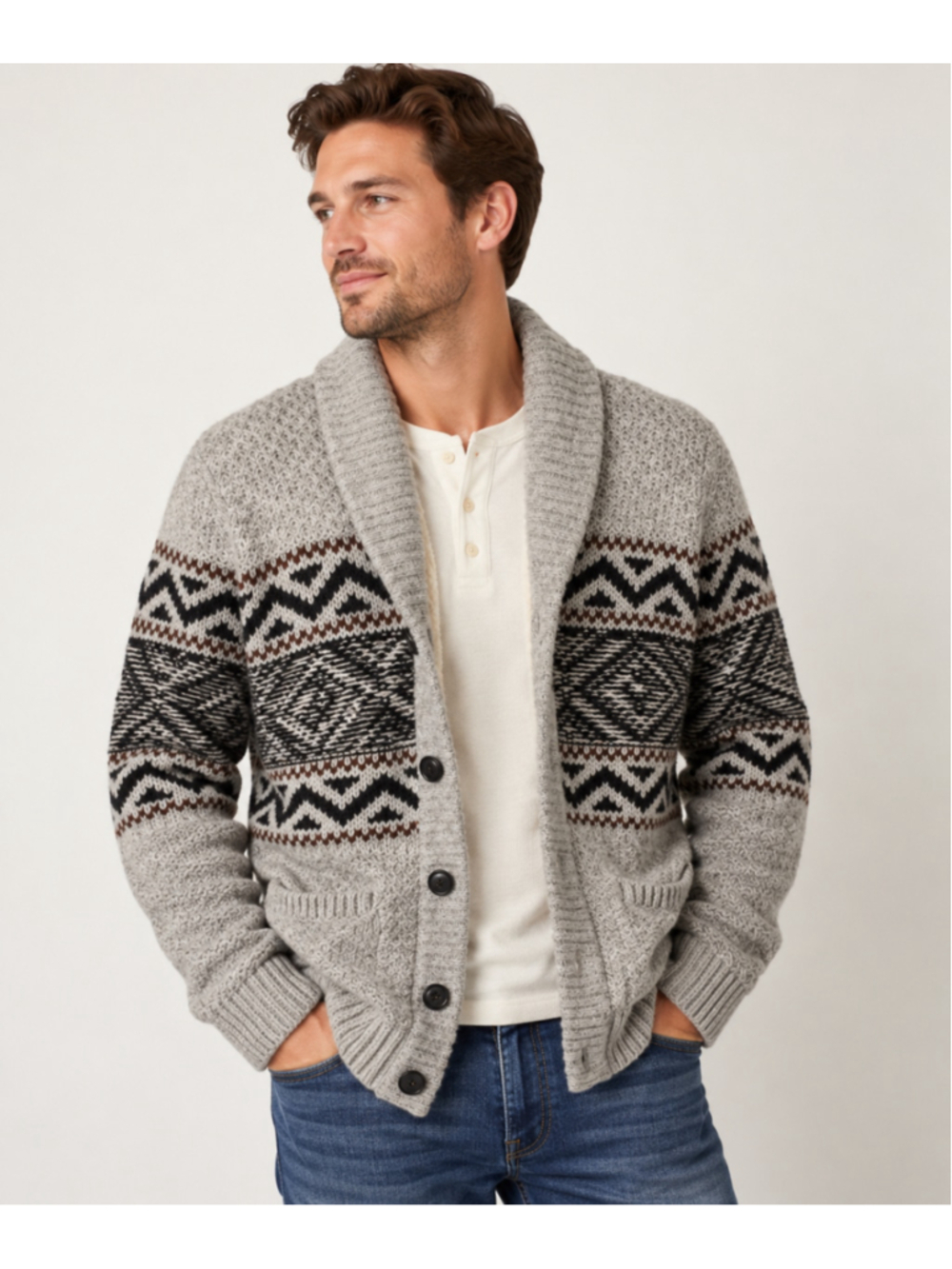 Lucky Brand M Wool Blend Sherpa Lined Cardigan Fair Isle Fisherman Sweater